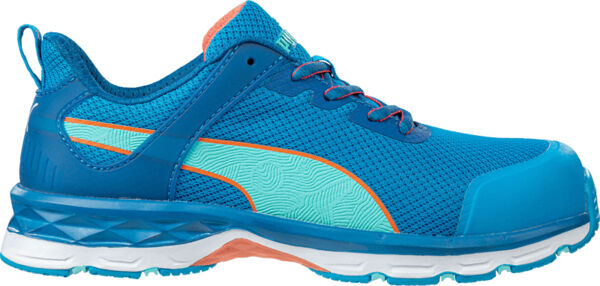 The shoe is sporty and slim-fitting. It is primarily in a vibrant blue, with aqua and orange accents, and has a textured surface.