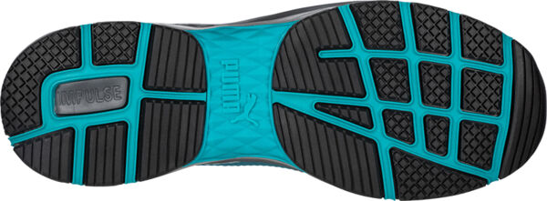 The image shows a sports shoe sole. It features a complex tread with deep grooves and studs for good grip. The color scheme includes black and turquoise, with a logo in the center.