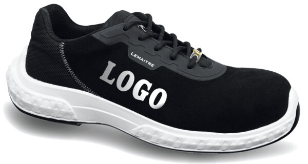 The shoe is a black athletic shoe with a white sole edge. On the side, the word "LOGO" is written in large letters. It has laces and a sporty shape.