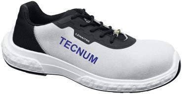 The image shows a work shoe. It has a gray and black color, is sporty cut, and has a reinforced toe cap. On the side, the word "TECNUM" is displayed.