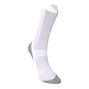 The image shows a white sports sock with gray accents. It features a textured pattern and elastic bands to ensure a good fit. The sock is long and comfortable.