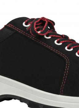 The image shows a black shoe with red laces. The shoe has a white sole and a sporty, sturdy shape, making it suitable for outdoor activities.