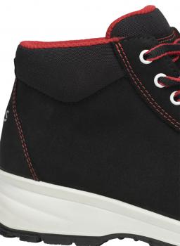 The image displays the upper part of a black shoe with a red collar. It has white laces and a light, thick sole. The shoe appears sturdy and is suitable for outdoor activities.