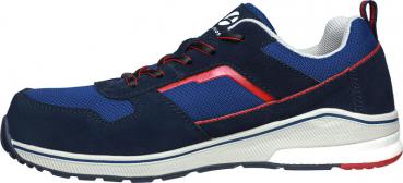 The shoe is a blue sports or casual shoe with red and white accents. It has laces, a thick, non-slip sole, and is designed for comfort.