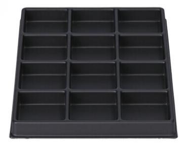 The image shows a black baking tray with 15 rectangular compartments. It has a flat rim and the compartments are evenly arranged, ideal for muffins or snacks.