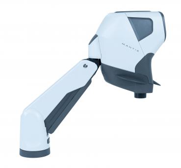 The image shows a modern, ergonomic device in white and black. It has a curved shape, a short arm, and a rounded front that likely has a control function.