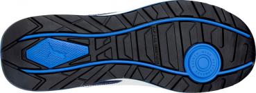 The image shows the underside of a sports shoe with a black rubber tread. It has a textured surface with blue accents and various geometric patterns.