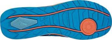 The image shows the sole of a sports shoe. It is predominantly blue with orange accents. The sole has a textured pattern for better grip.