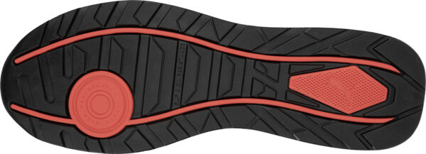 The image shows the underside of a sneaker shoe. The sole is black with a red, curved pattern and features a round indentation in the middle as well as a textured surface.