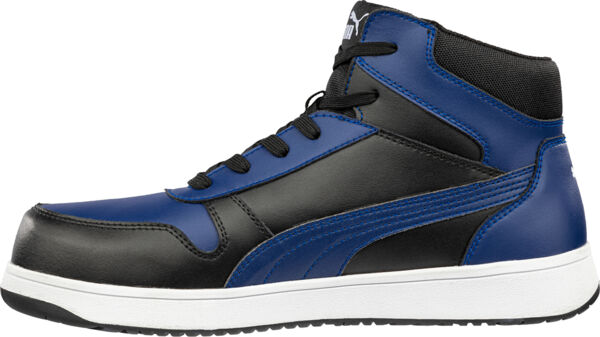 The shoe is a mid-top sneaker in black and blue. It has a smooth surface, a white sole, and laces. The design is sporty and dynamic.