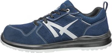 The shoe is sporty and dark blue with bright, white accents. It has laces, a padded tongue, and a flexible, black sole. Ideal for active use and good support.