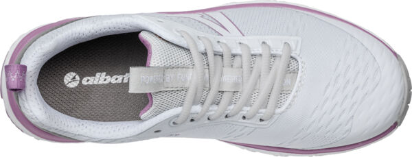 The image shows a white shoe with purple accents. It has flat laces, a padded insole, and a lightly textured upper. The design appears sporty and modern.