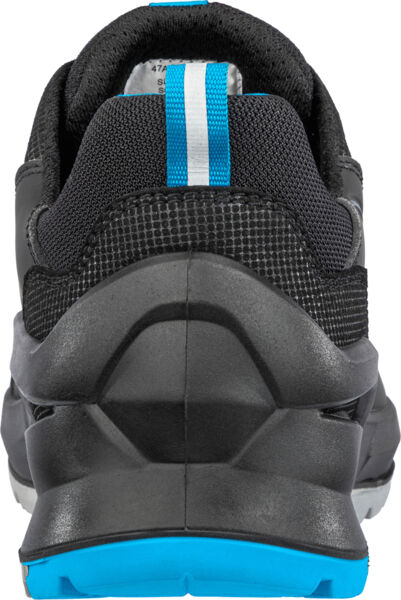 The image shows the rear view of a sporty shoe. It is predominantly black with a blue accent on the sole. The surface has textured material and a reinforced heel.