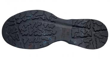 The image shows the sole of a shoe. It is black and has a textured tread with many grooves and indentations that provide good traction.