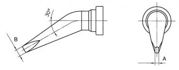 The image displays technical drawings of an object. On the left is a side view featuring a narrow, slanted end at a 30° angle. On the right is the top view outlining the shape of the end.