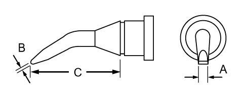 The image displays technical drawings of an object, with side and top views. There are dimensions for B, C, and A, representing various distances and shapes.