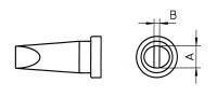 The image shows a technical drawing of a part, likely a nozzle attachment. It consists of two views: a side view with a conical shape and a top view with a round cutout. Dimensions are provided.