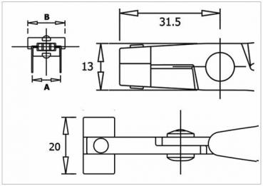 Das Bild zeigt technische Zeichnungen eines Bauteils. Es gibt drei Ansichten: von oben, von der Seite und frontal. Wichtige Maße sind 31,5 mm, 20 mm und 13 mm. Linien und Kreise kennzeichnen Details.