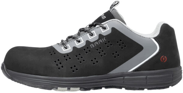 The shoe is black with gray accents. It has a sporty shape, a sturdy sole, and is equipped with holes for ventilation. The laces are gray and the inside is softly padded.