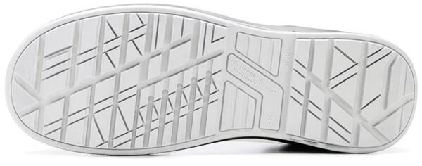 The image shows the sole of a shoe. It is flat and made of rubber with a diamond-shaped, textured pattern for better grip. The color is predominantly white with gray accents.