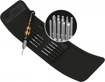 The image displays a tool set with a screwdriver and various attachments. The parts are arranged on a black, oval base. A circular area shows details of the attachments.