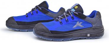 The image shows a pair of athletic shoes. They are predominantly blue with gray and black elements. The sole is sturdy and features a non-slip surface, ideal for active use.