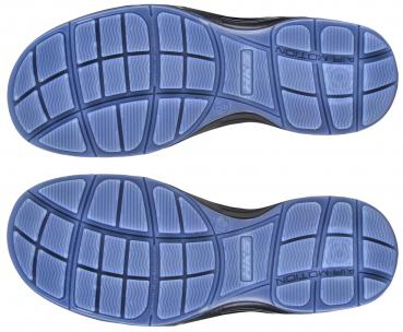 The image shows the undersides of a shoe with a blue rubber sole. The sole features a diamond-shaped pattern with various indentations that provide good traction.