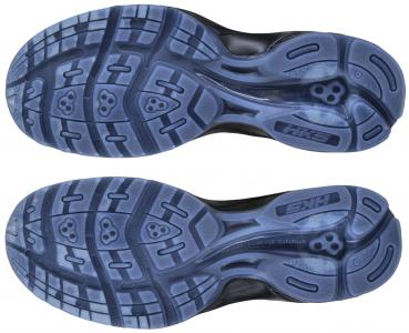 The image shows the soles of two sports shoes. They are in a blue shade with a textured pattern of grooves and studs, which provide grip and traction.