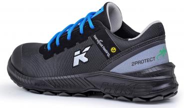 The shoe is a sporty, black sneaker with blue shoelaces. It has a textured surface and a non-slip sole. On the side, it says "2PROTECT".