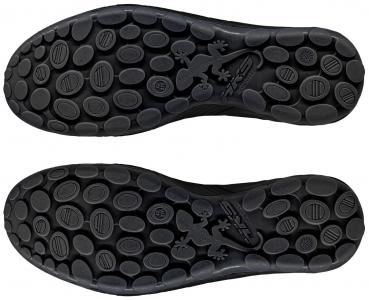 The image shows two black shoe soles with many small, round protrusions. The soles are symmetrically arranged and feature a continuous, flexible design.