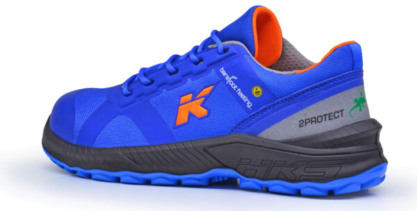 The shoe is sporty and features a bright blue color combination with orange accents. The sole is stable and black, with textured details for better grip.