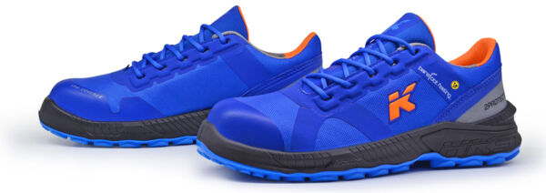 The image shows a pair of sporty, blue shoes with a sturdy, black sole. The tongue and orange details provide a modern look and comfort.