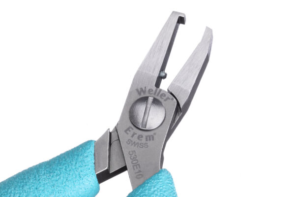 The image displays a small metal pliers with an opening in the center. The handles are blue and feature a non-slip surface. It is precisely suitable for delicate tasks.