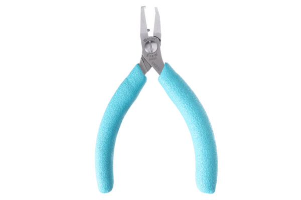 The image shows a small pair of pliers with flat, pointed jaws. The handles are covered with a light blue, non-slip material to provide better grip.