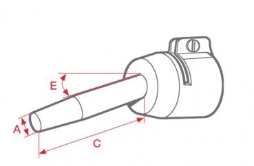 The image shows a technical drawing of a component with a cylindrical body and a longer hose. Dimensions are marked with letters and arrows.