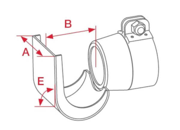 The image shows a technical drawing of a component with a U-shaped holder. Dimensions (A, B, E) are marked, indicating various distances and diameters. The construction is stable and combines a round and a flat shape.