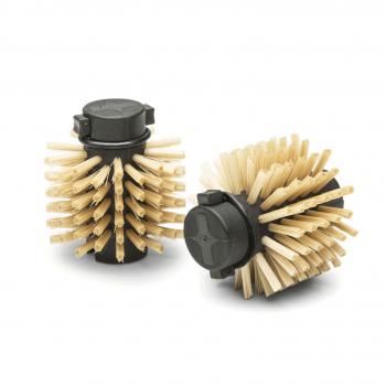 The image shows two hairbrushes with a round shape. They have a black base and are covered with wood-like bristles that are evenly arranged.