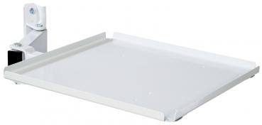 The image displays a white, rectangular metal shelf mounted on a wall. It features a bracket on one side and is flat with slightly raised edges. Ideal for storing items.