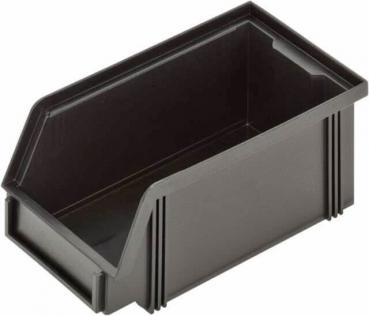 The image shows a rectangular, black plastic box with a slanted side and vertical grooves. It has no lid and is suitable for storing items.