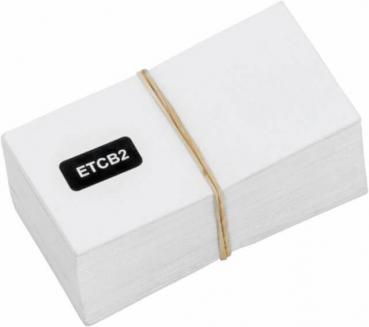 The image shows a stack of white cards held together by a rubber band. One card bears the black label "ETCB2".