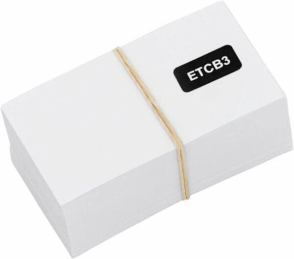 In the picture, there is a stack of white cards, tightly held together by a rubber band. One card has a black sticker with the inscription "ETCB3".