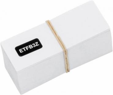 The image shows a stack-like block of white cards held together with a rubber band. The top card has the black inscription "ETF B3Z".