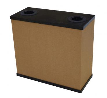 The image shows a rectangular waste bin made of brown material. It has a black lid with two round openings. The bin stands stable on a flat base.