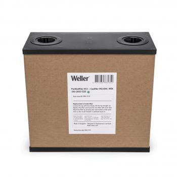 The image shows a square, brown cardboard box with two round openings on the top. On the front, there is a label with the name "Weller" and additional information.