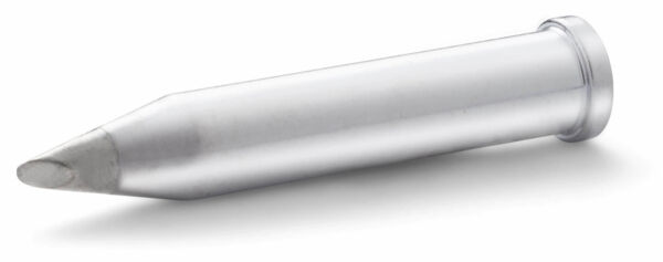 The image shows a silver, pointed pen or marker. It has a cylindrical shape and a smooth surface that is thicker in the middle and narrower at the tip.