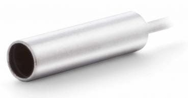 The image shows a metallic, cylindrical body that is open at one end. It has a smooth, silver surface and is connected to a thin cable.