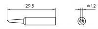 The image displays technical drawings. On the left is a side view of an object with a length of 29.5 mm and a narrow end. On the right is a top view with a diameter of 1.2 mm.