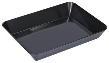 The image shows a rectangular, flat dish made of black material. It has slightly rounded corners and a raised edge. The surface is smooth and shiny.