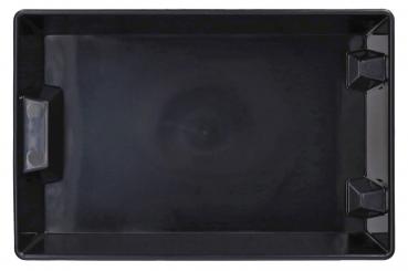 The image shows a rectangular, black tray. It has a smooth, glossy surface with rounded corners and two side handles. The insides are slightly curved.