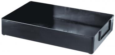 The image shows a flat, rectangular box made of black plastic. It has a handle recess on each of the shorter sides for easier lifting. The surface is smooth and even.